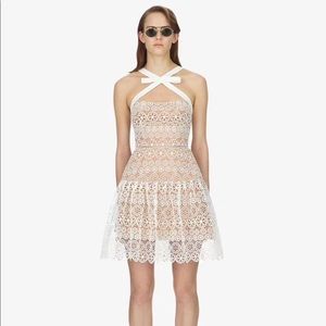 Self-Portrait White Lace Cross-Neck Mini Dress